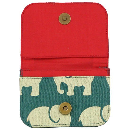 interior of sustainable cotton canvas cardholder with red lining dark teal elephant print