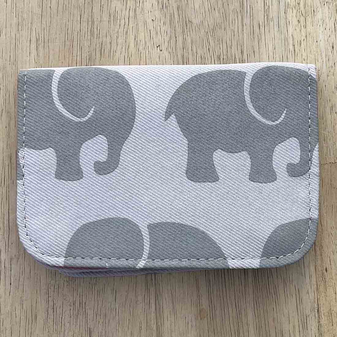 ethically made grey cotton cardholder from repurposed fabric with elephant print