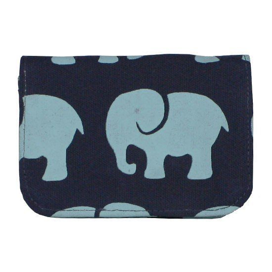 ethically made navy cotton cardholder with seafoam elephant
