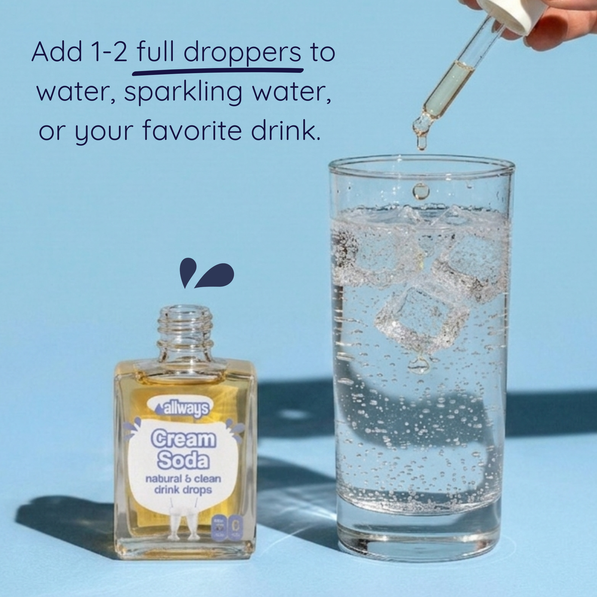 Allways Cream Soda drink drops being added to a glass of water on a blue background