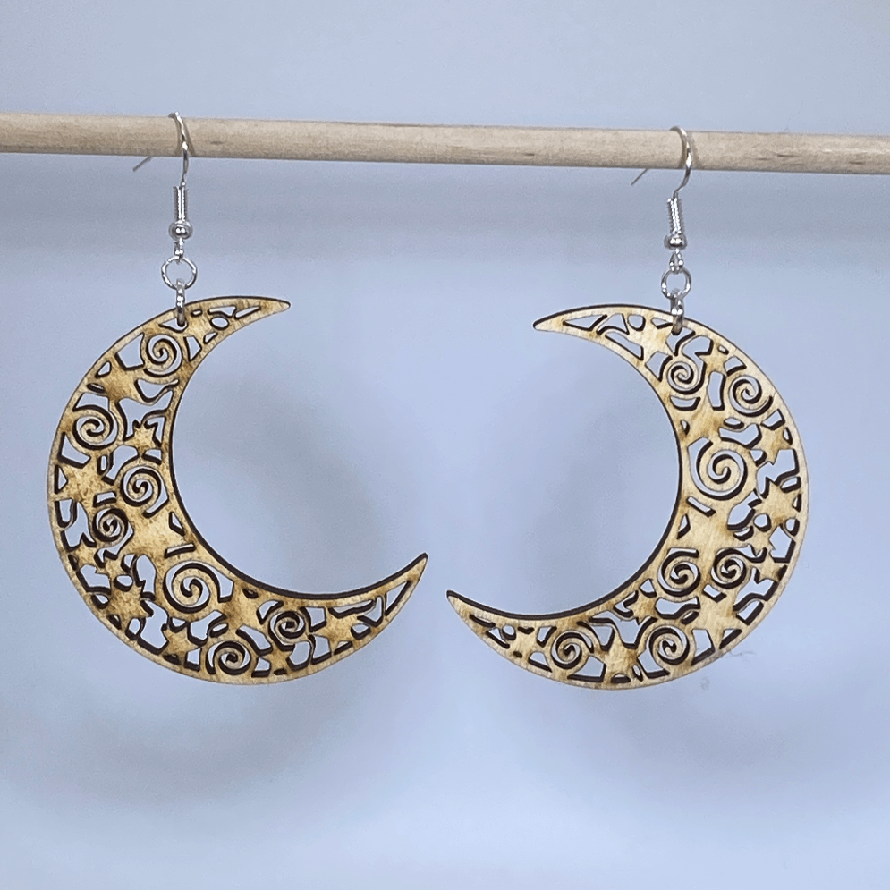 Crescent Moon Wooden Dangle Earrings - - Cate&