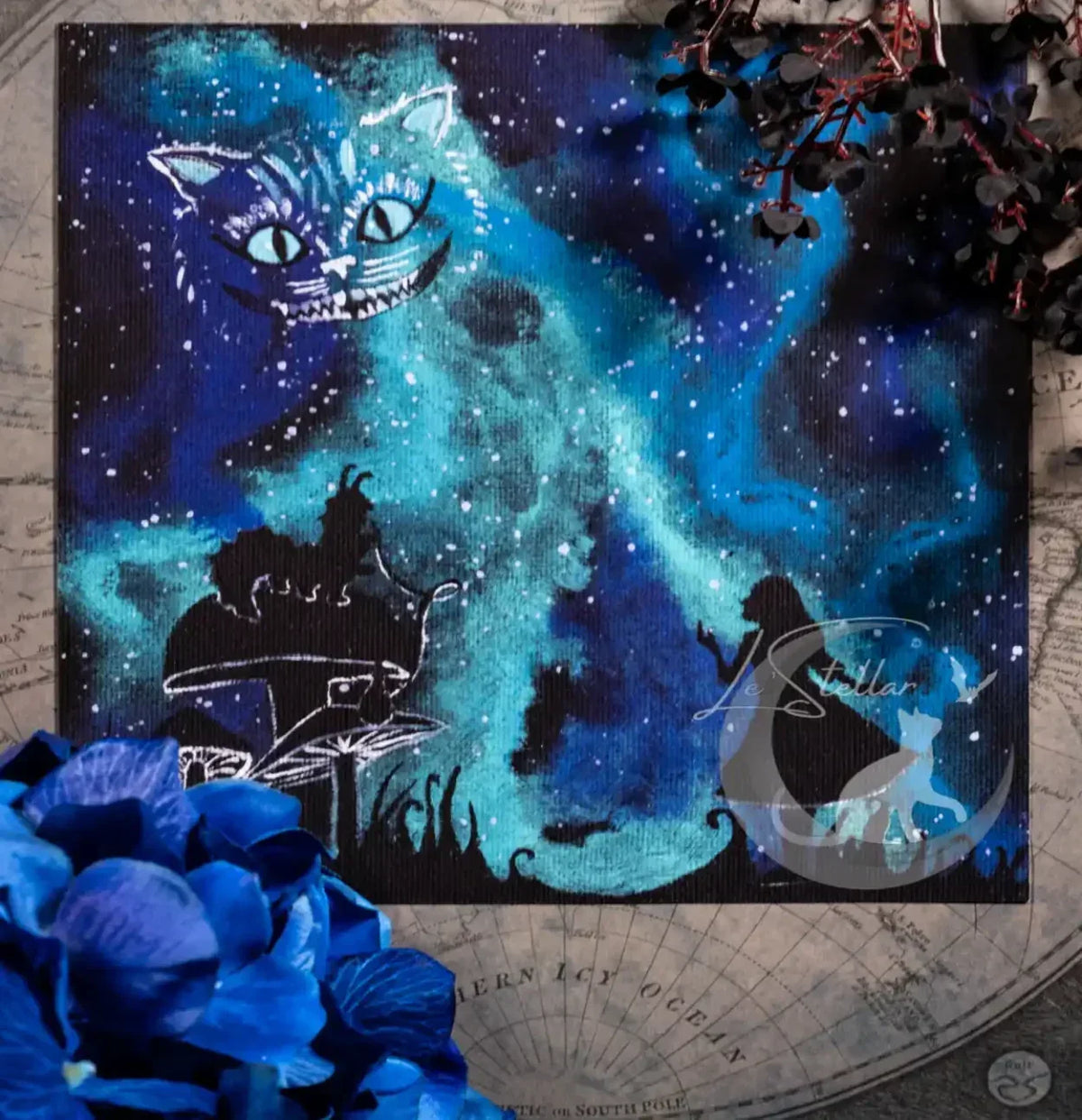 Alice in Wonderland Galaxy Print: Cosmic Cheshire Cat Acrylic Hand-painted Art (8x8)