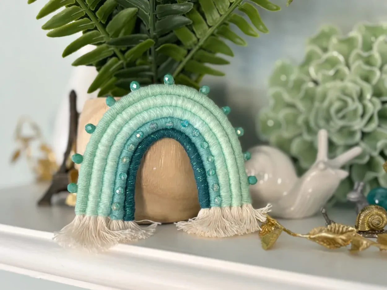 handmade teal fiber art rainbow