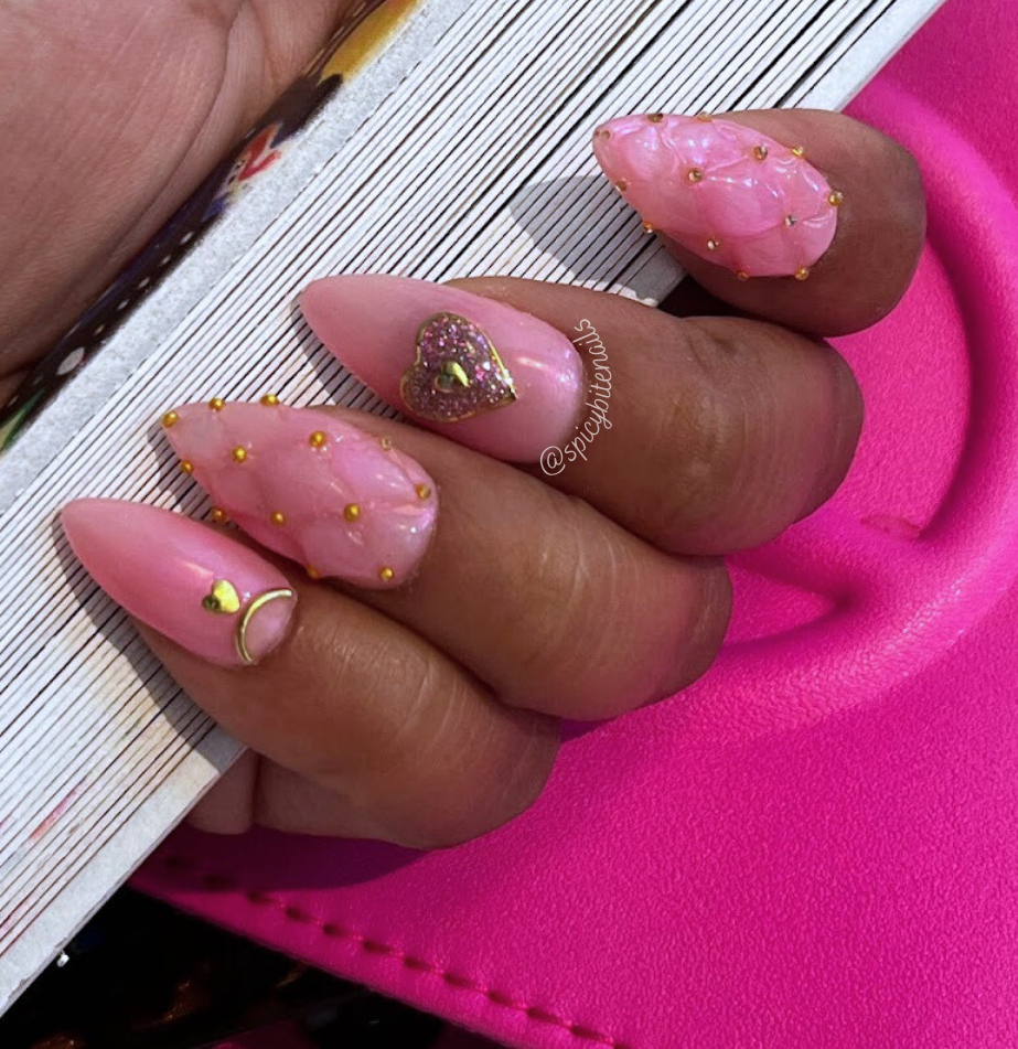Pink Coco - Quilted Iridescent Pink Heart Coquette False Press-On Nail Extensions 10pcs