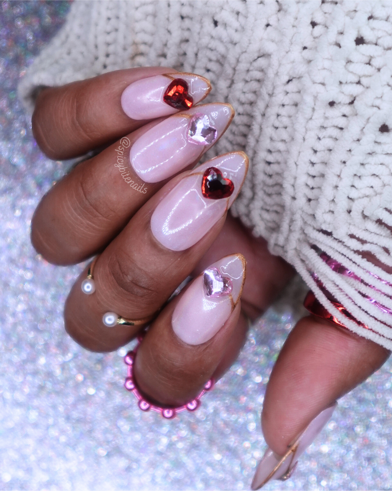 Ring of Hearts - Nude French Tip Red and Pink Rhinestone Valentine&