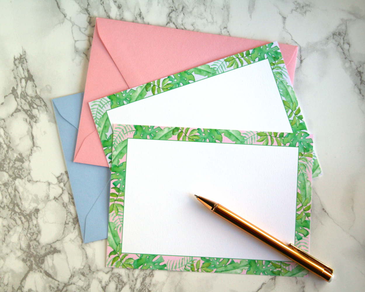 Watercolor Tropical Leaves Flat Notecard Stationery Set