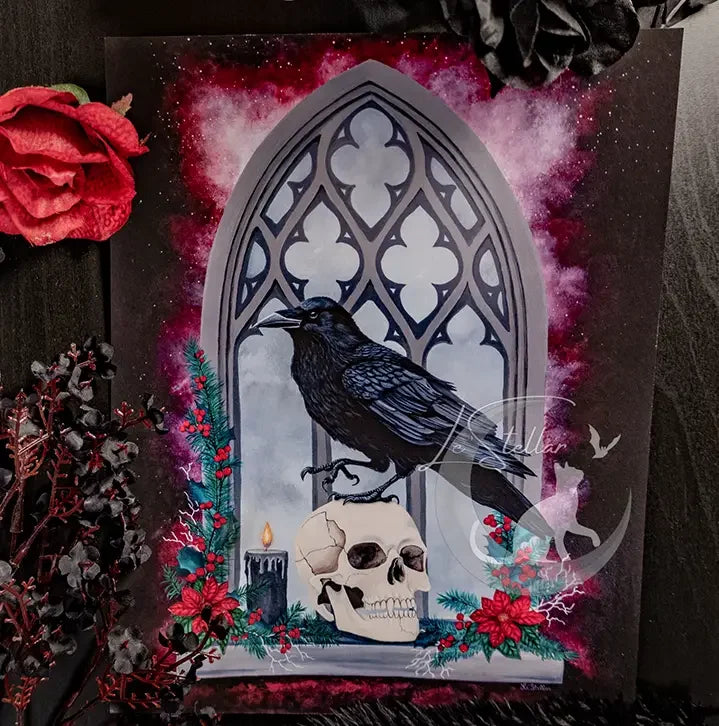 Gothic Raven Skull Painting: Dark Fantasy Print, Original Hand-Painted Art