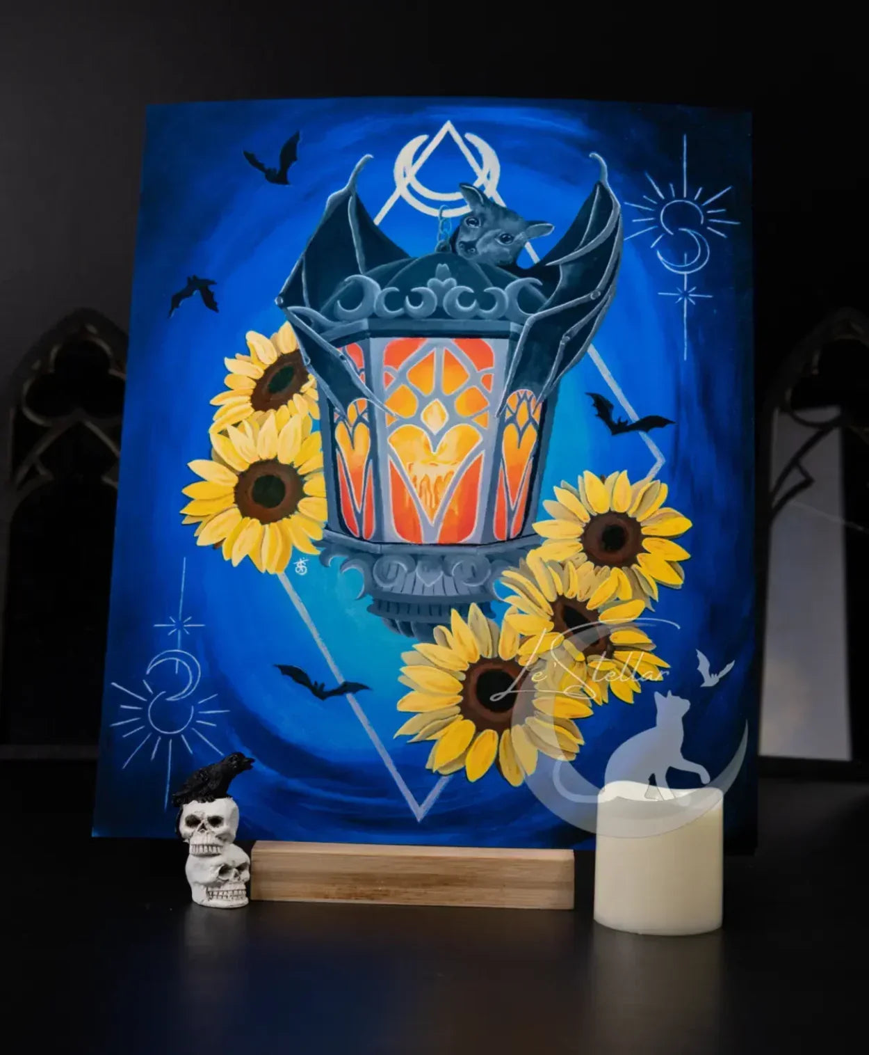 Gothic Bat Sunflower Painting, Original Hand-painted Art, Witchy Lantern Wall Decor