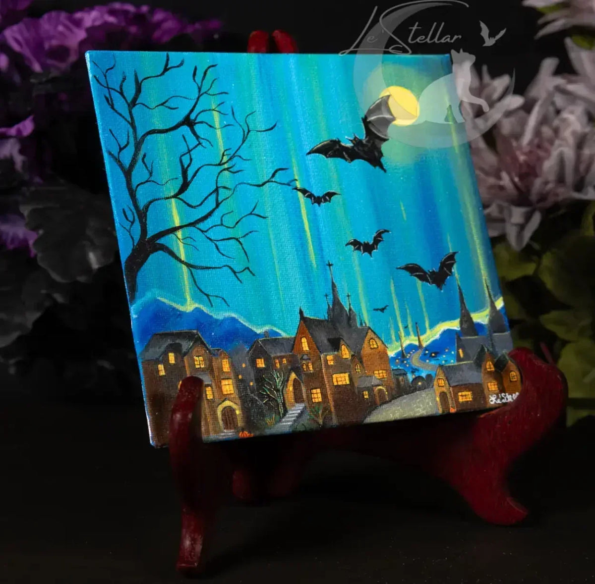 Gothic Starry Night Hand-Painted Art Print: Bats Over Old English Village Acrylic Painting (8x8)