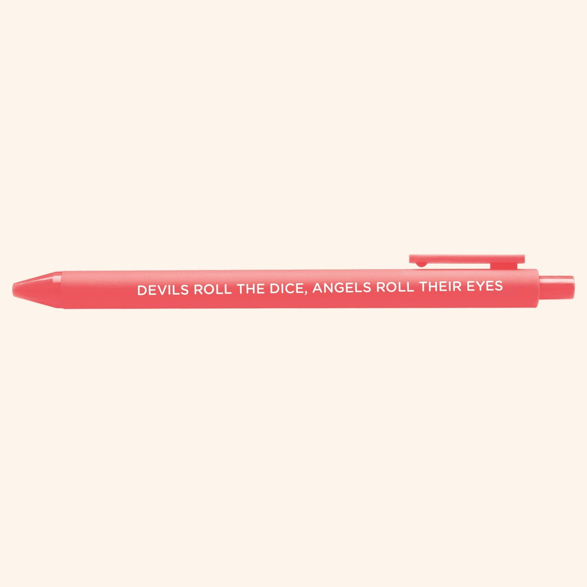 Cruel Summer pen close-up — 0.5mm fine point coral jotter gel pen by indie artist MangoIllustrated