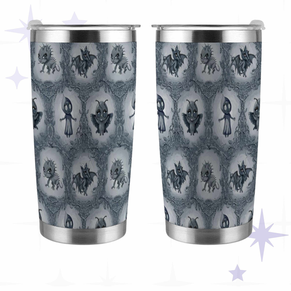 Front and back views of the cool gray cryptid tumbler showing the full wrapped bramble thicket design