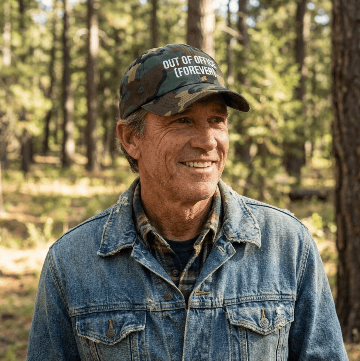 Man wearing a custom embroidered camouflage dad hat outdoors