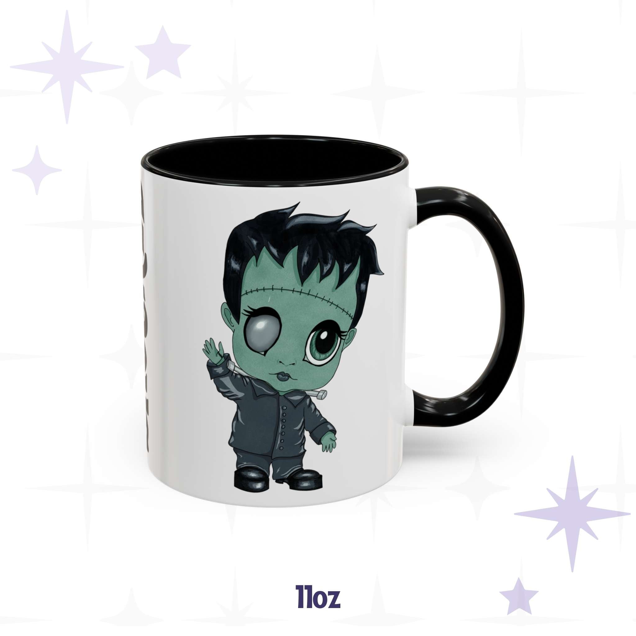 Chibi Frankenstein coffee mug in 11 oz, black-handled accent mug with mint-green monster art