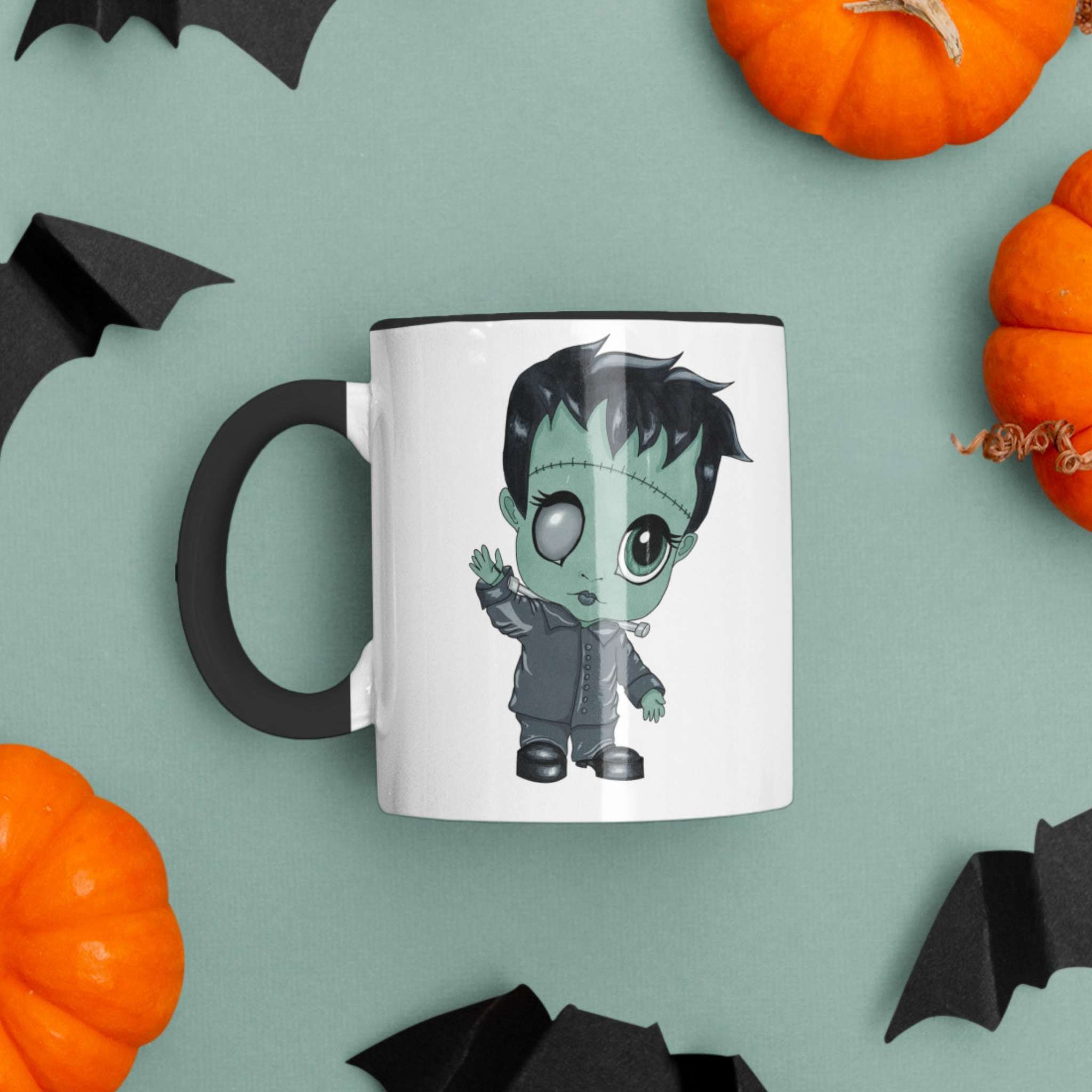 Retro Frankenstein monster mug on a green background with pumpkins and paper bats for Halloween