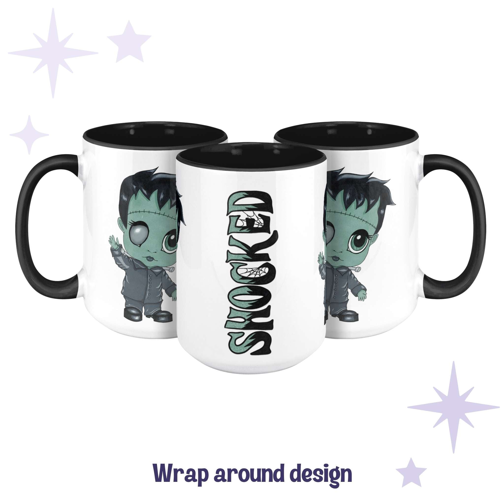 Chibi Frankenstein monster mug shown across three angles as a wrap-around design with SHOCKED in green lettering