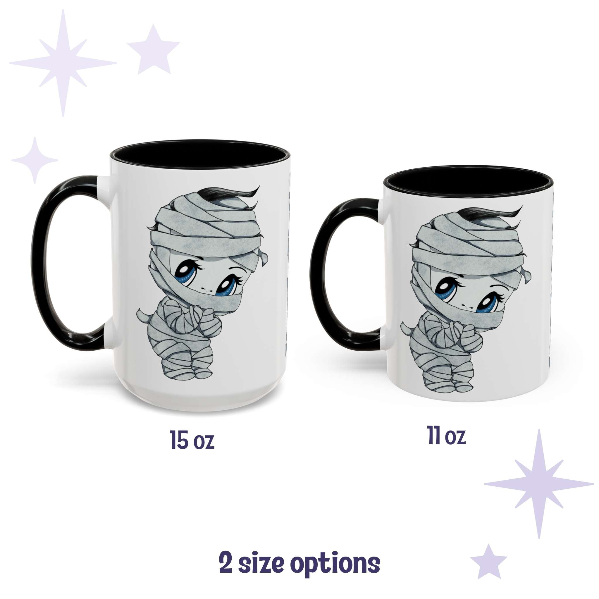 Chibi mummy monster mug shown in 15 oz and 11 oz, white ceramic with black interior and handle