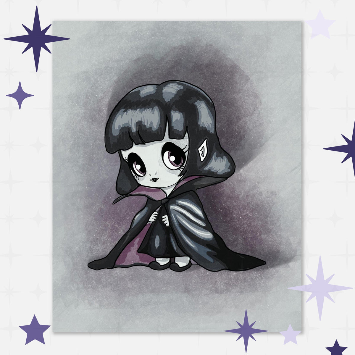 Cute vampire art print shown flat on a pale backdrop with purple stars, chibi girl with a black bob, mauve eyes, and a plum-lined cape on a mauve-gray watercolor background.