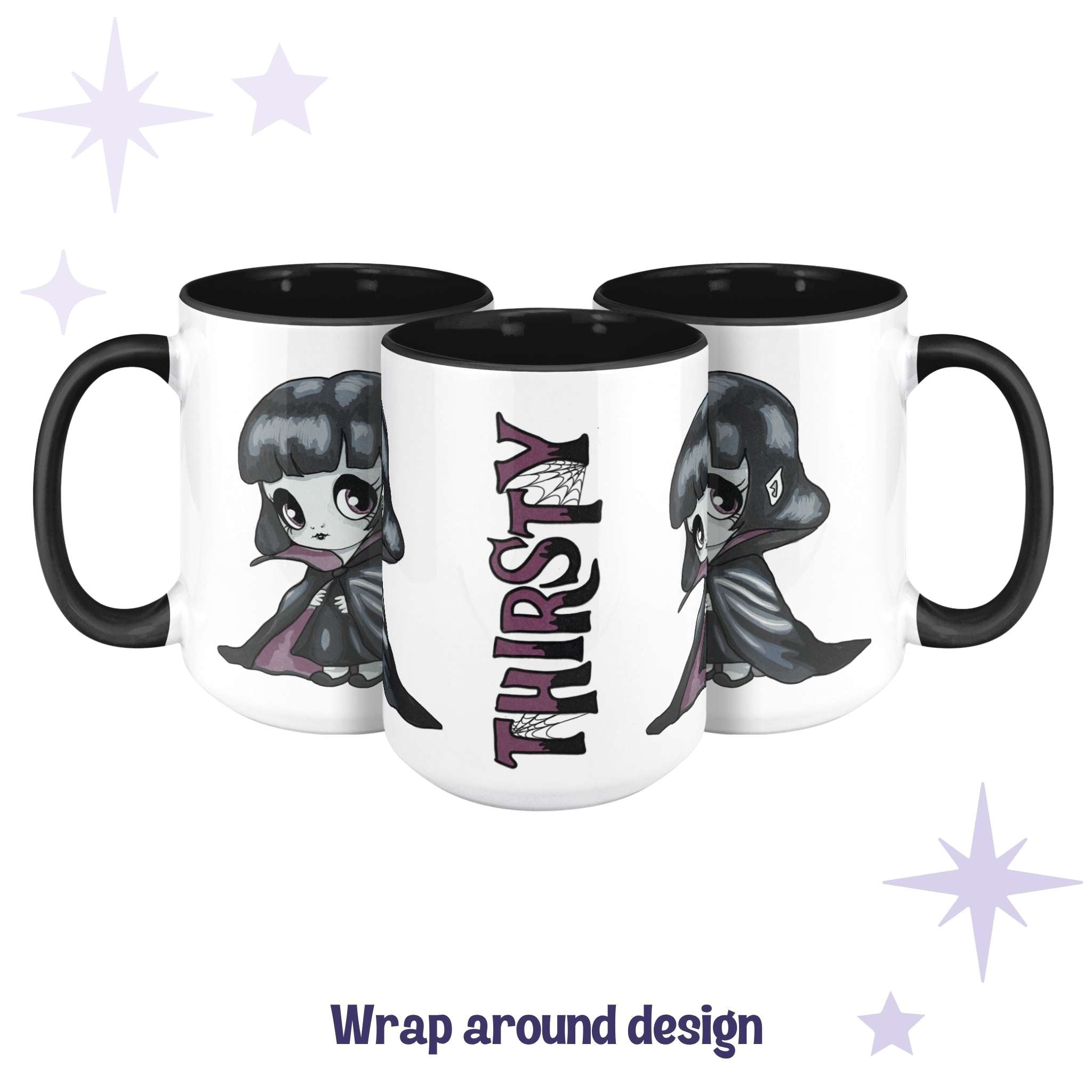 Wrap-around THIRSTY vampire mug design shown across three angles in bruise-plum spiderweb lettering