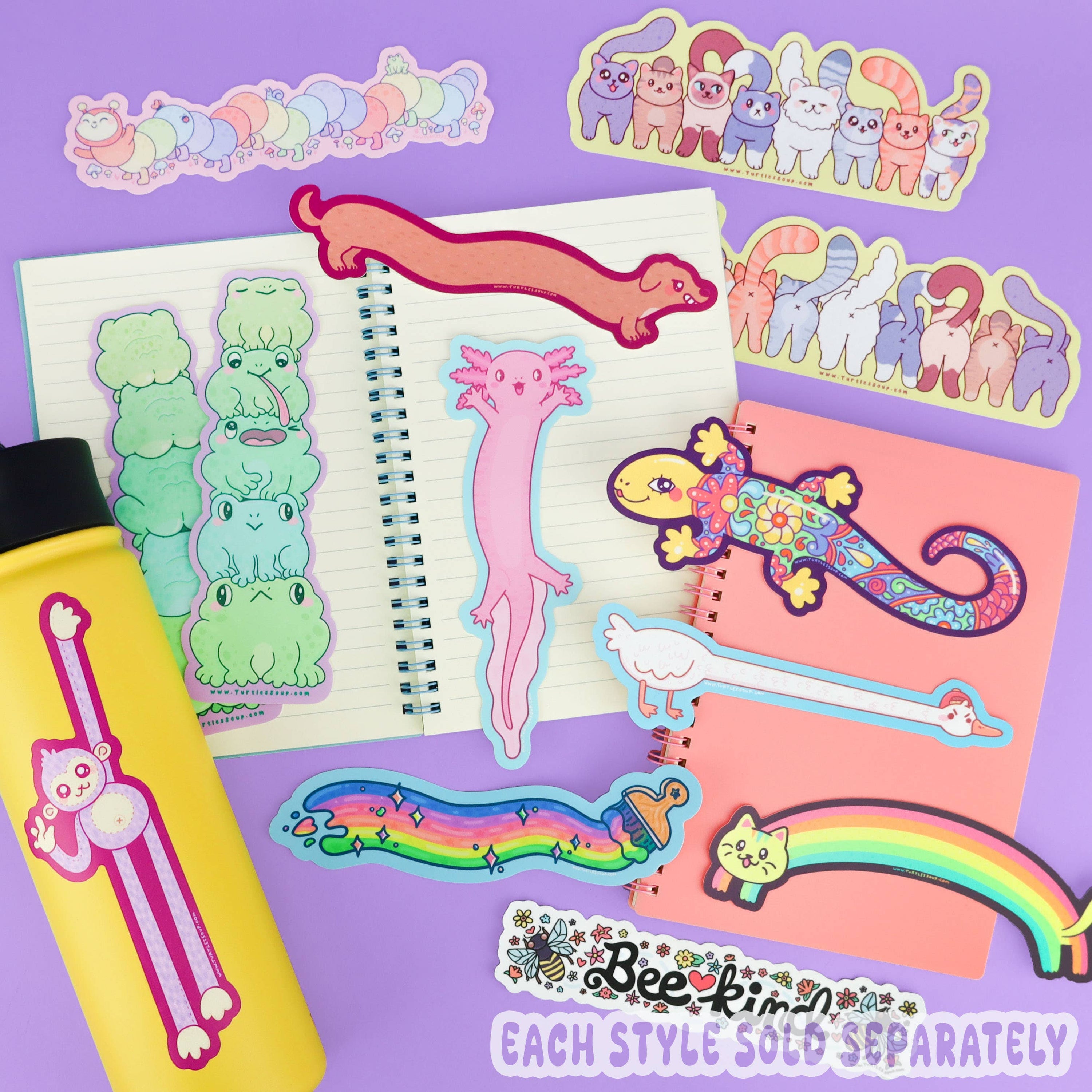 Colorful stationery items including stickers and a pen on a purple background with &