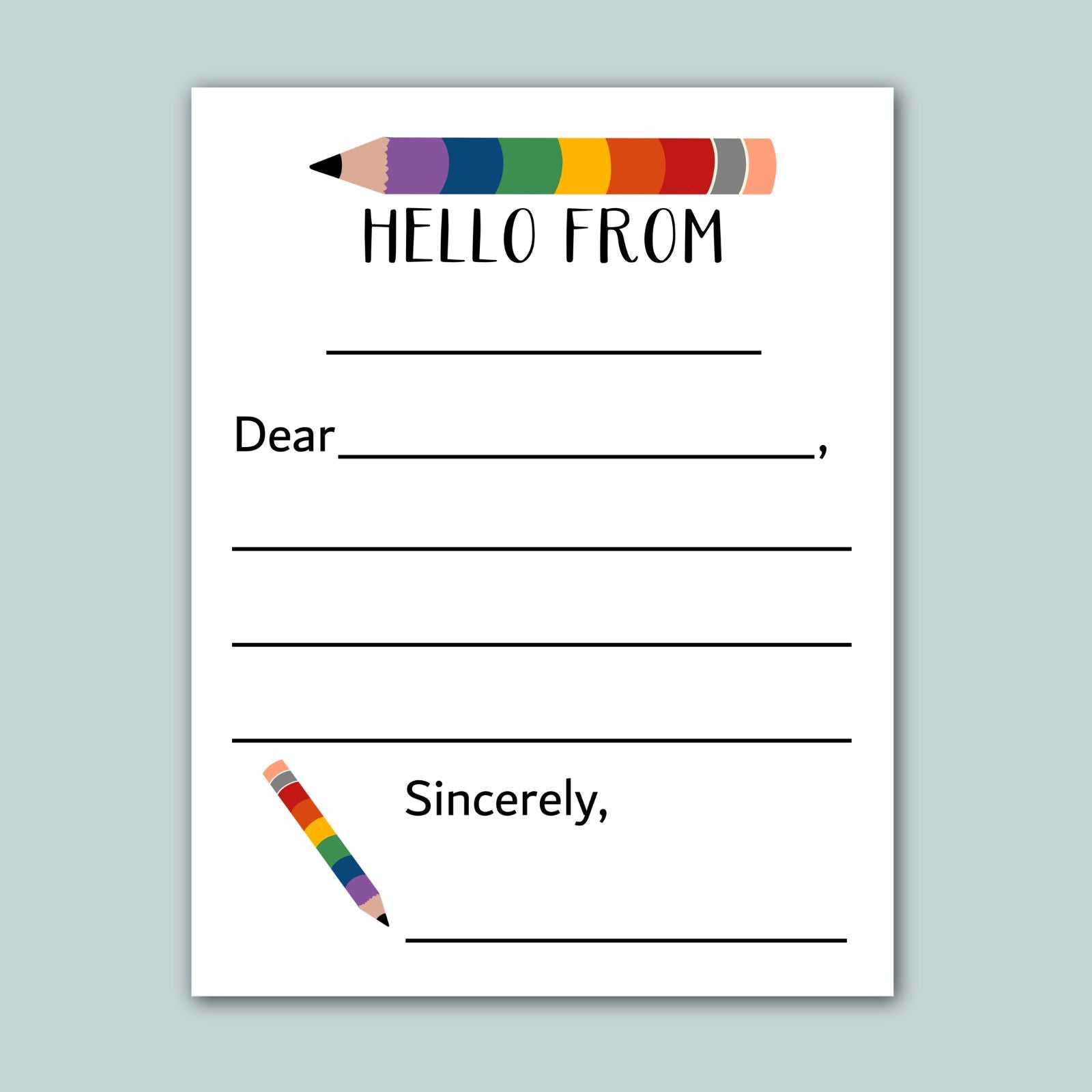 The image is a blank letterhead with a colorful pencil graphic and a message that reads "Hello from Sincerely".