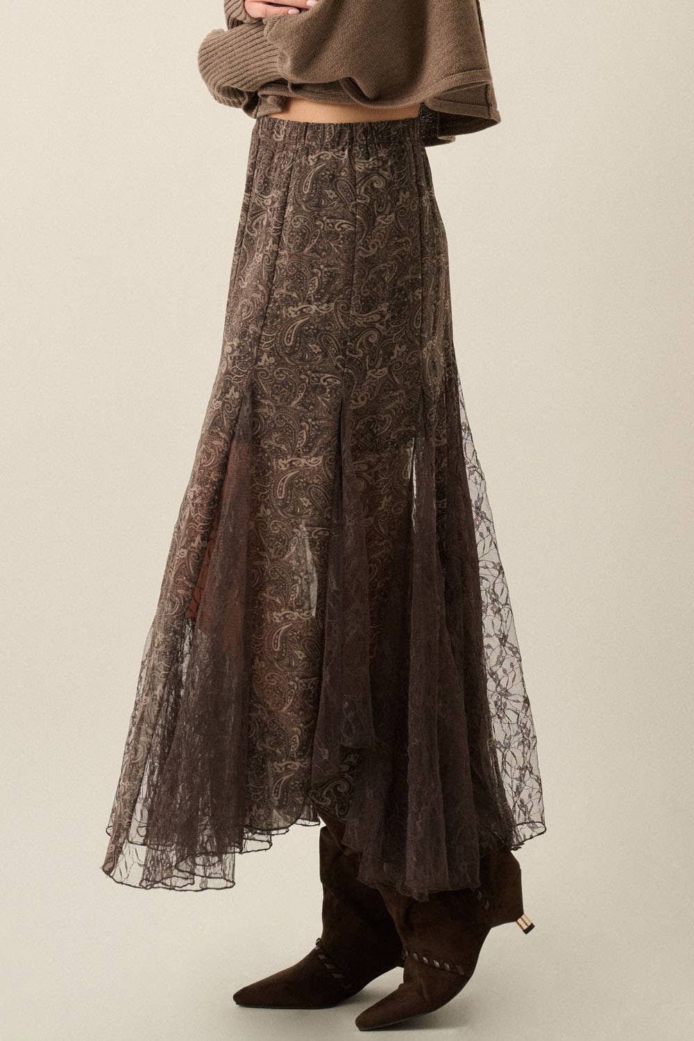 Paisley-Print Chiffon & Lace Elastic-Waist Godet Maxi Skirt