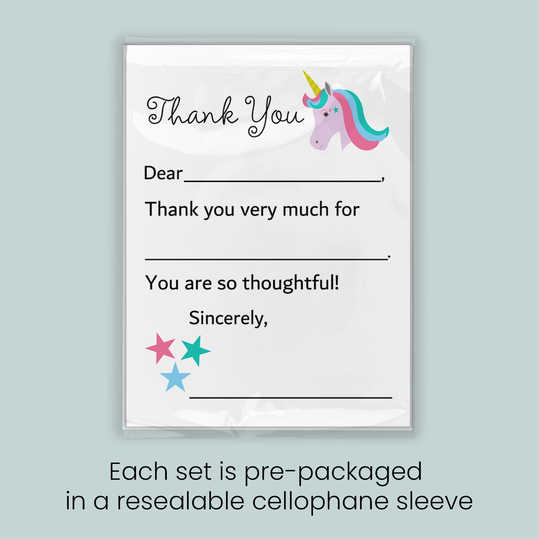 The image is a thank you card with a unicorn illustration and stars. Each set is pre-packaged in a resealable cellophane sleeve.