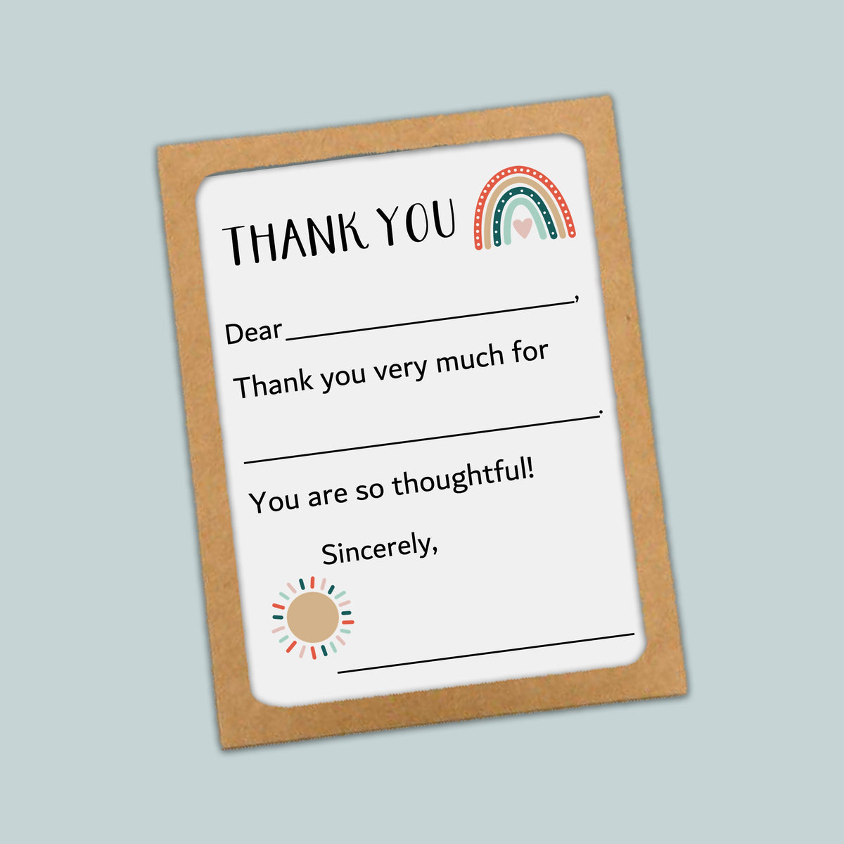 The image is a simple, handwritten thank you card with a rainbow graphic and a sun-like symbol. The card has a blank space for a response, and the text is written in a casual, friendly tone.