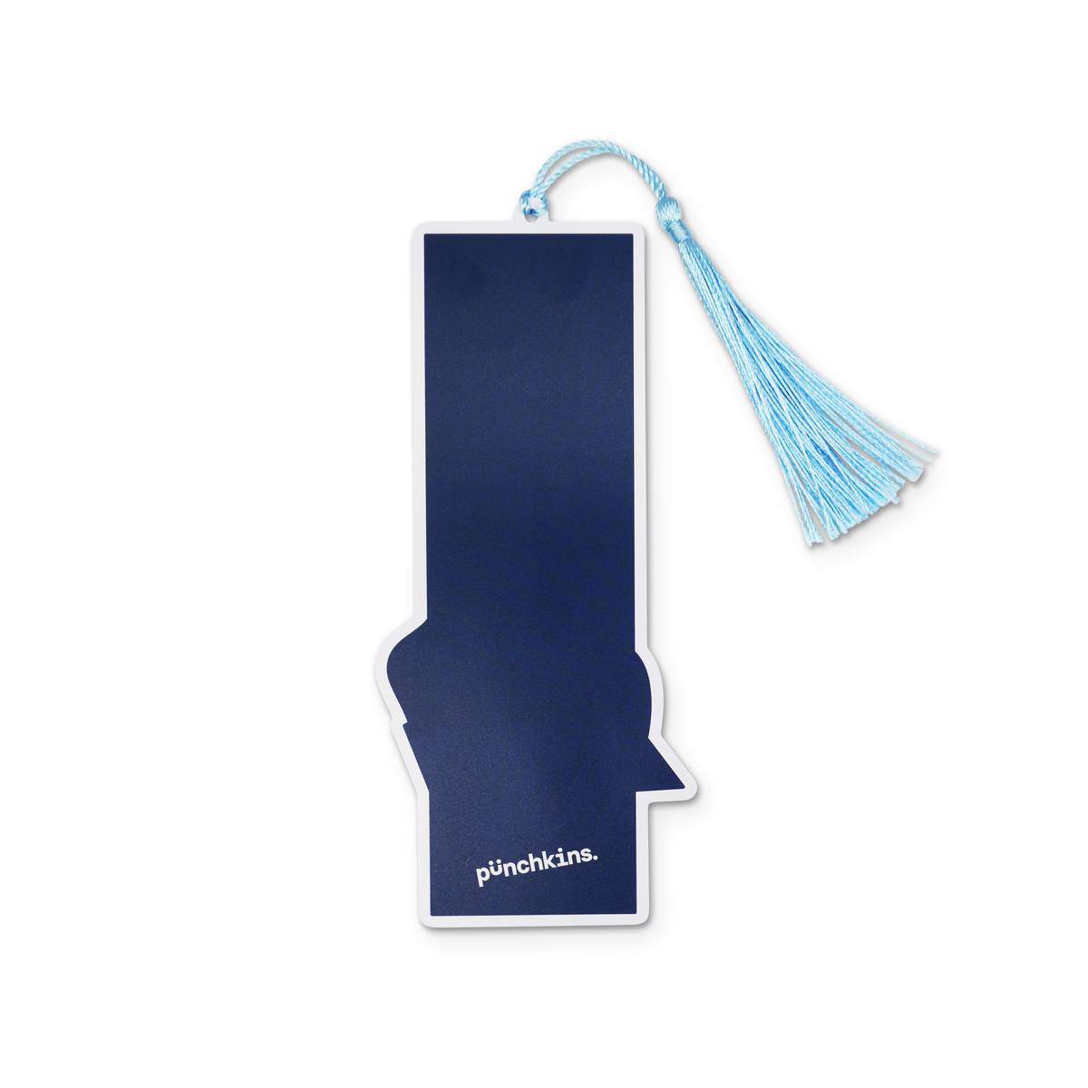 Navy bookmark with a light blue tassel on a white background