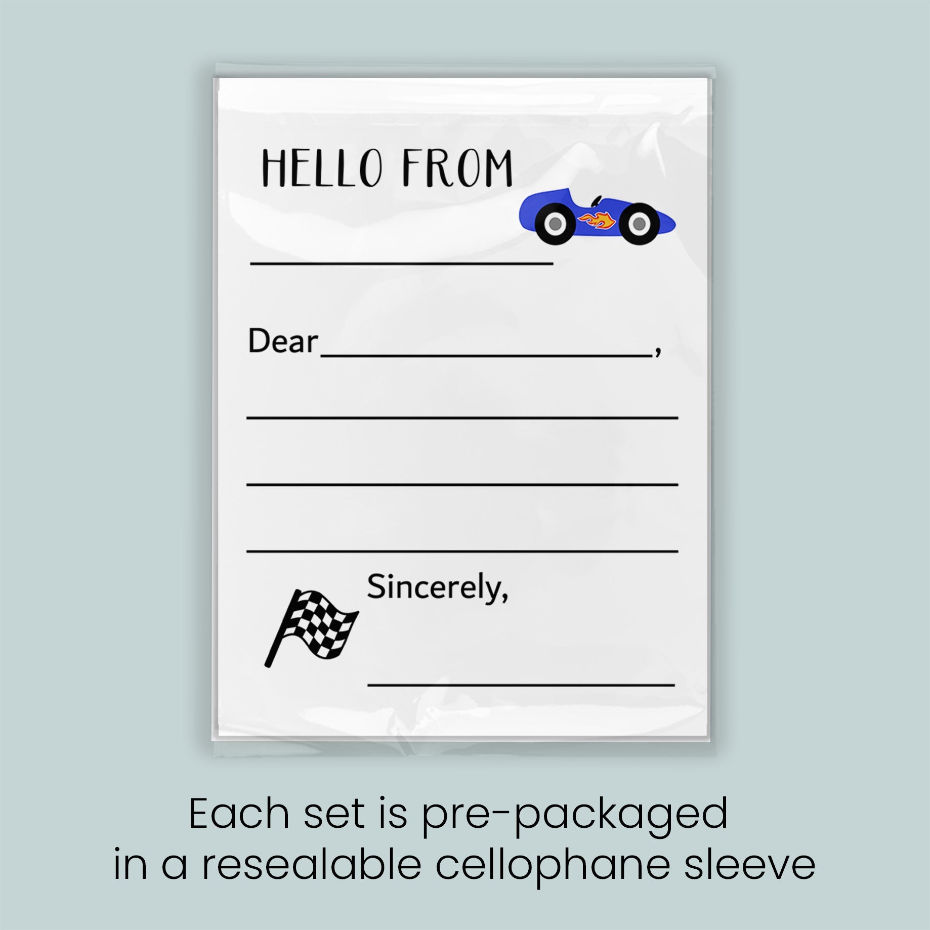 The image is a pre-packaged greeting card set that includes a greeting card with a car design and a checkered flag, as well as a cellophane sleeve for each set. Each set is pre-packaged in a resealable cellophane sleeve.