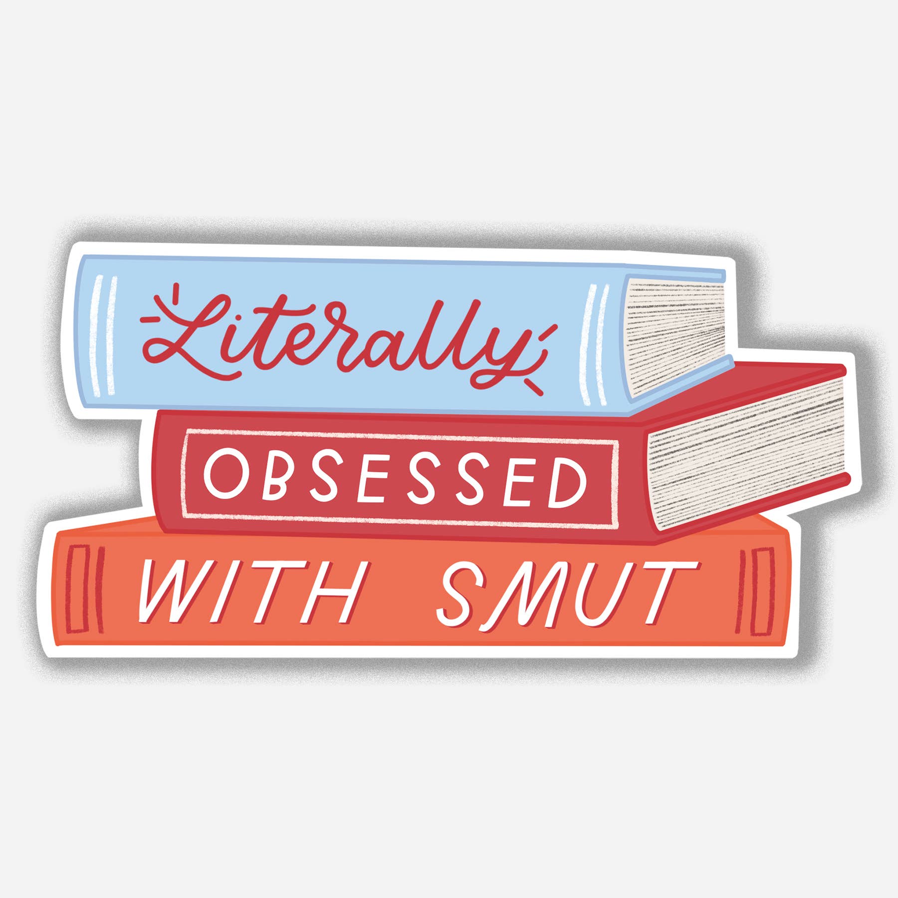 Sticker of a stack of books with text &