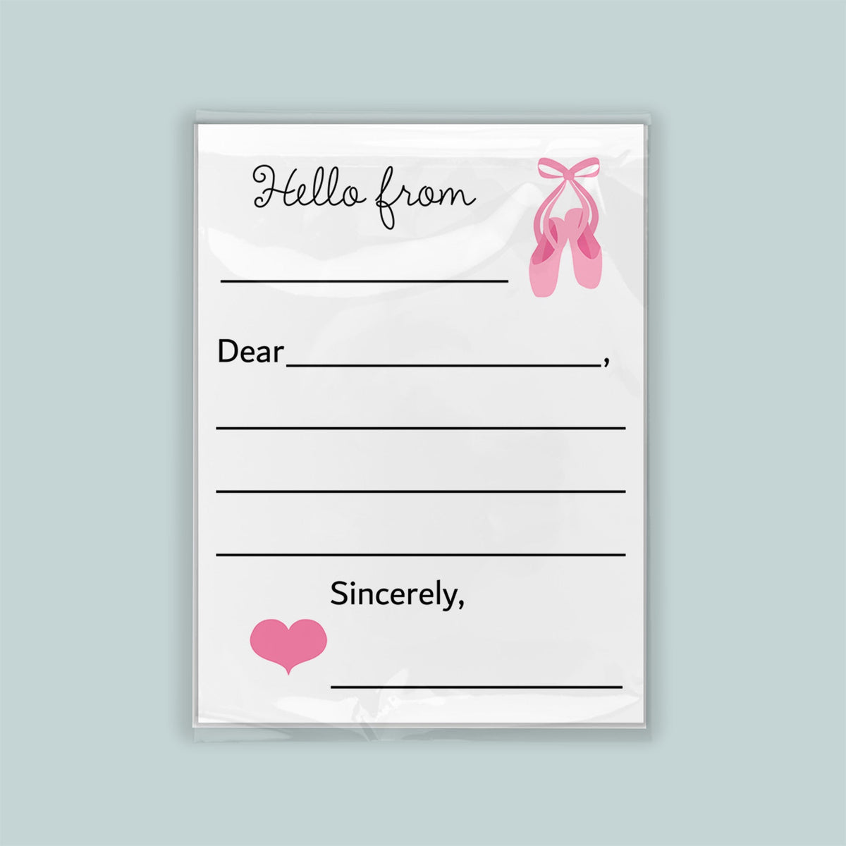 The image is a white envelope with a pink heart and ballet slippers on the front, and a blank space for a message.