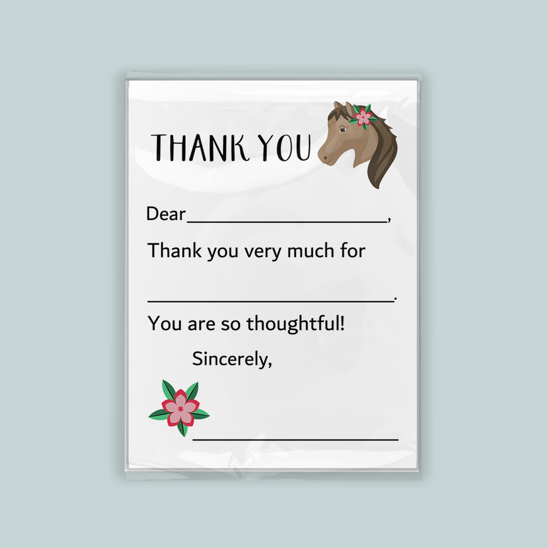 The image is a white thank you card with a horse illustration and a pink flower. The card has a blank space for a message and a blank space for a signature.