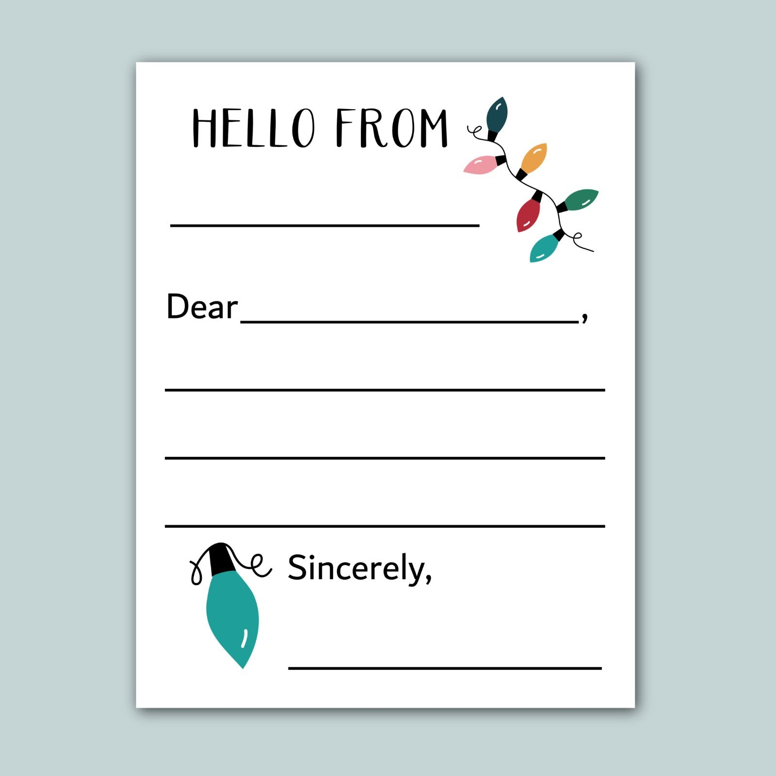 The image is a blank greeting card with a message and a decorative element of colorful lights.