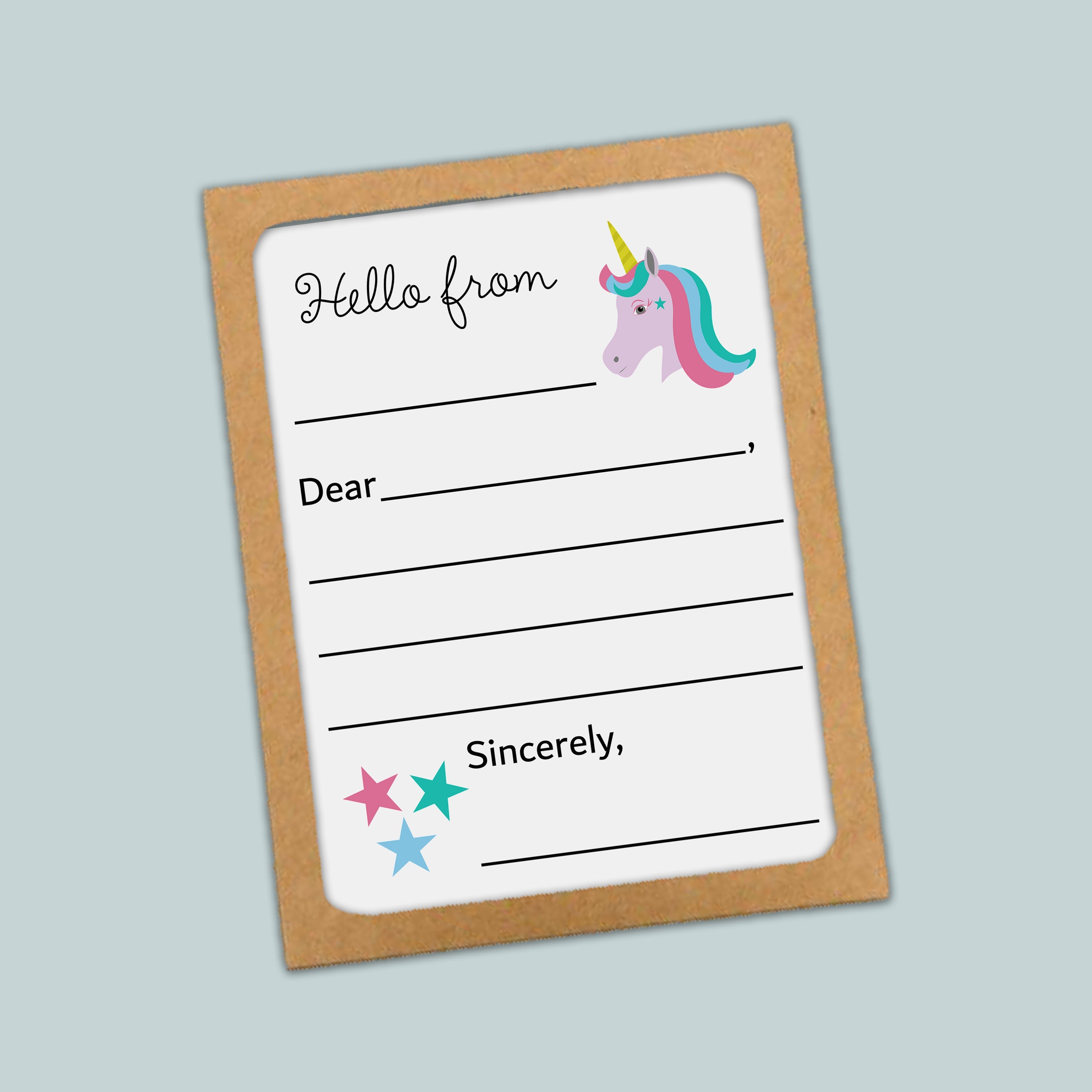 The image is a greeting card with a unicorn illustration and a blank space for a message.