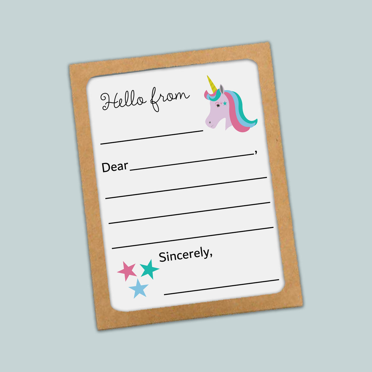 The image is a greeting card with a unicorn illustration and a blank space for a message.