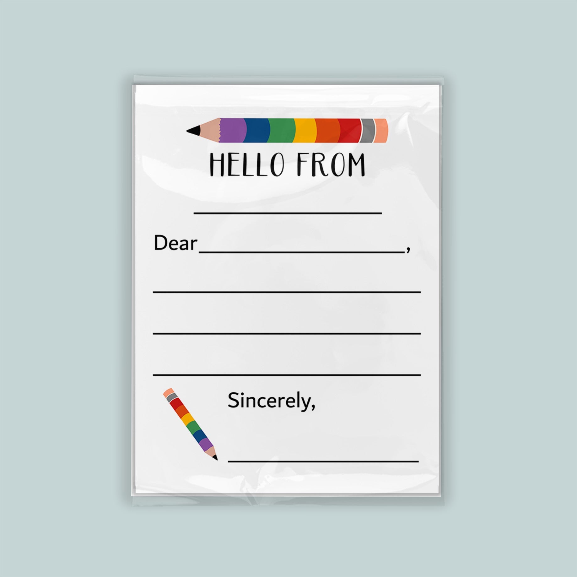 The image is a blank letterhead with a colorful pencil graphic and the text "Hello from" at the top.