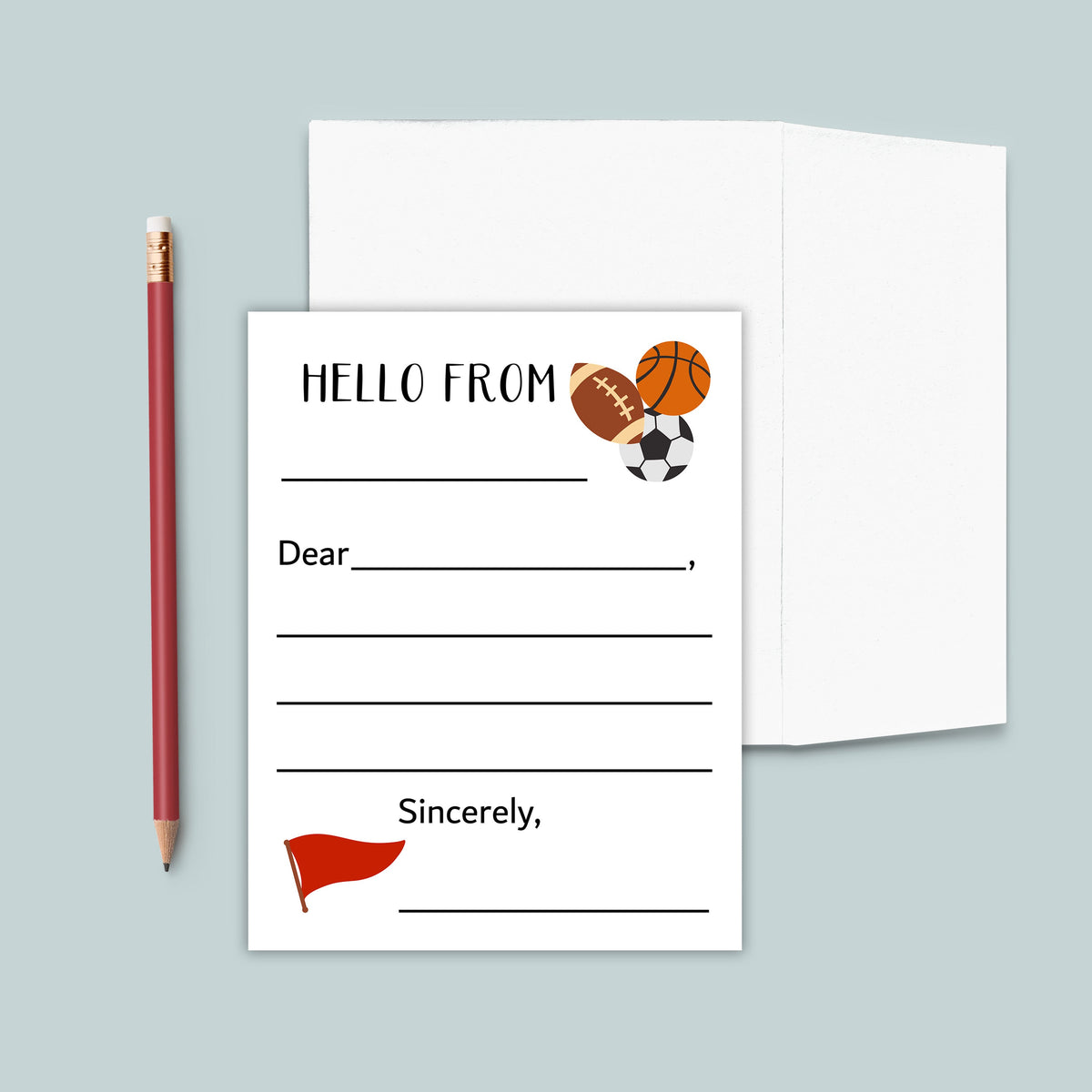 a white card with a red pencil and a blank space for writing, along with a sports ball and a flag, suggesting a sports-themed greeting card.