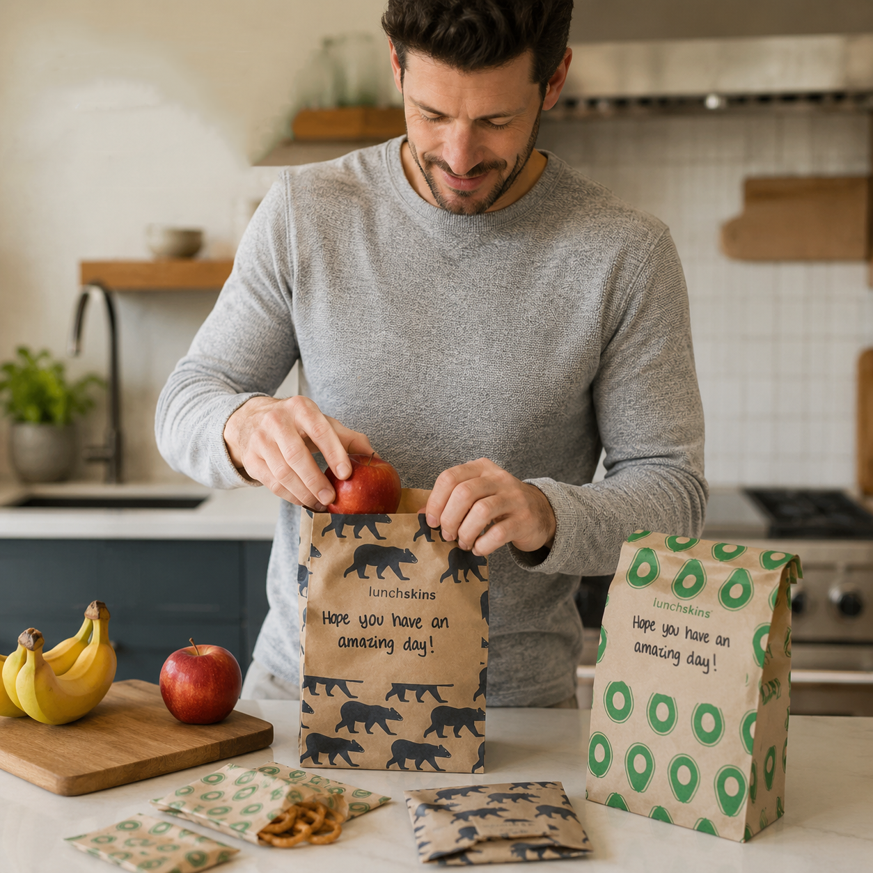 Man in a kitchen with reusable bags and packaging