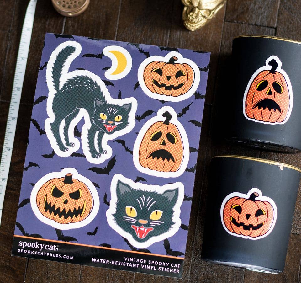 Vintage Halloween vinyl sticker sheet and matching candle decals featuring a black spookier cat and orange jack-o&