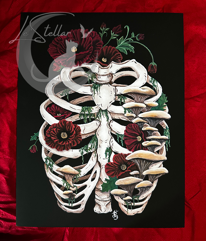 Death and Decay Painting with Ribcage Covered in Moss, Mushrooms and Poppy Flowers