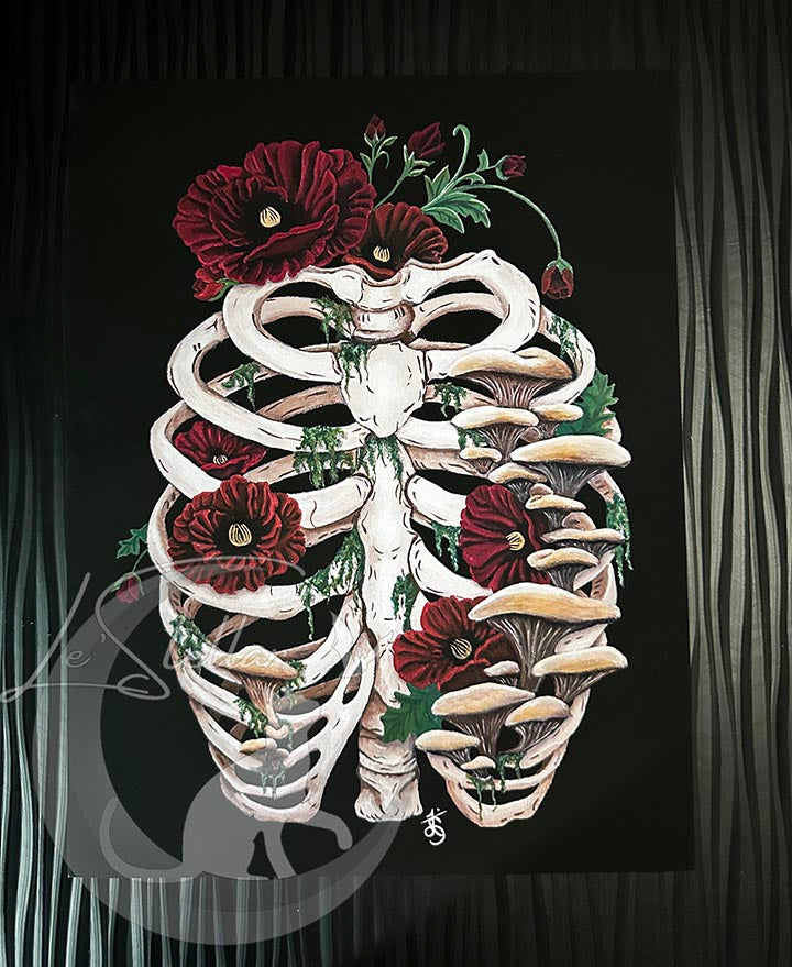 Death and Decay Painting with Ribcage Covered in Moss, Mushrooms and Poppy Flowers