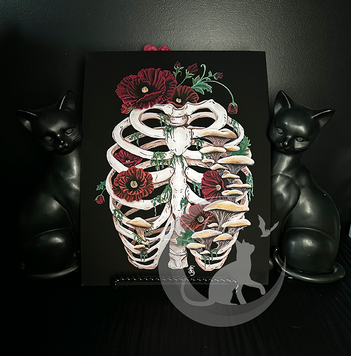 Death and Decay Painting with Ribcage Covered in Moss, Mushrooms and Poppy Flowers