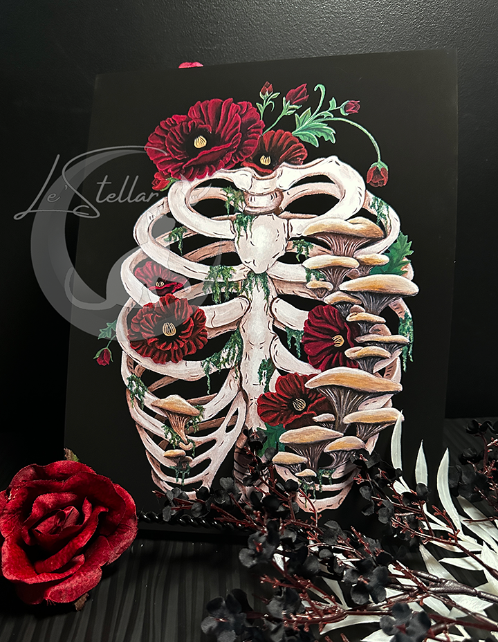Death and Decay Painting with Ribcage Covered in Moss, Mushrooms and Poppy Flowers