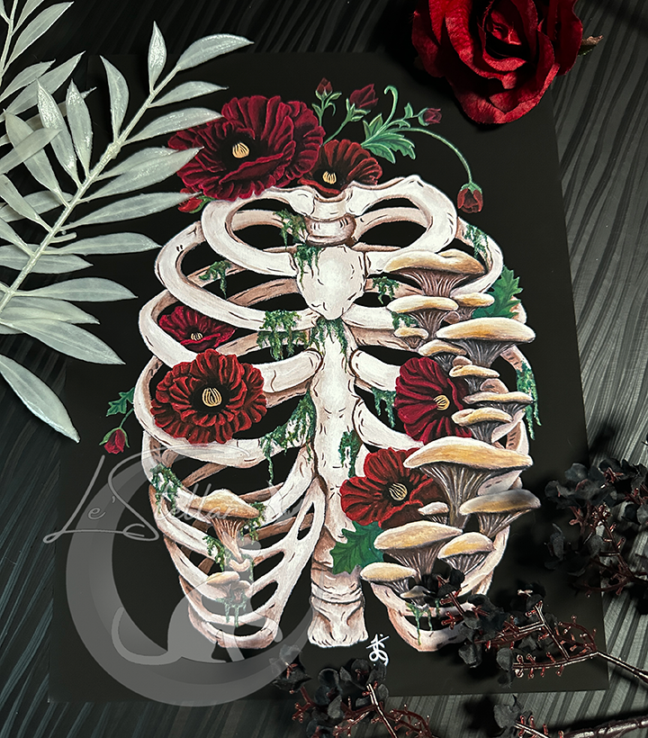 Death and Decay Painting with Ribcage Covered in Moss, Mushrooms and Poppy Flowers