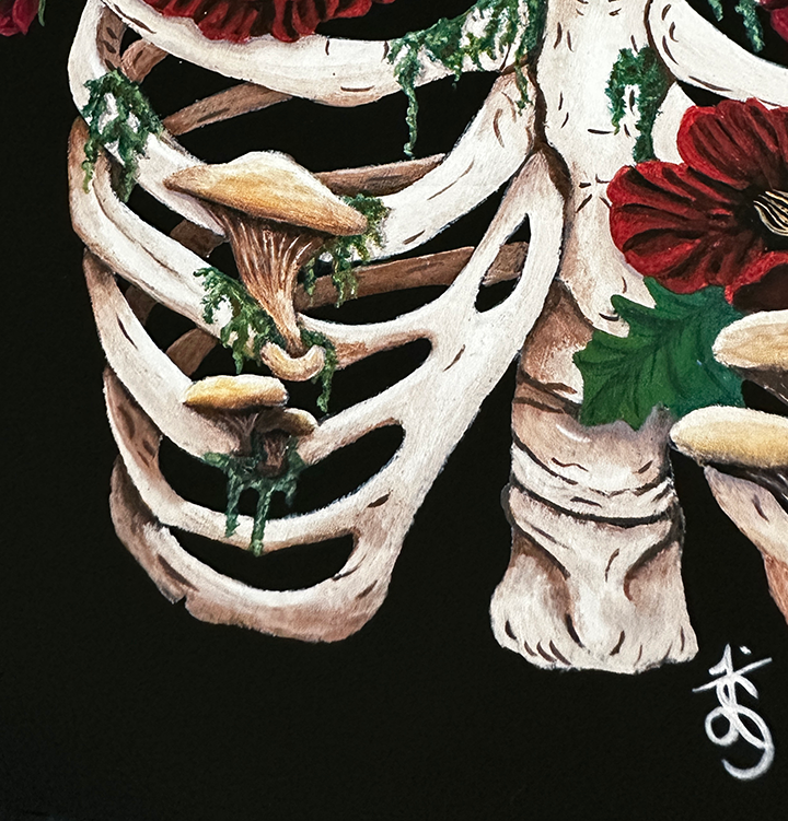 Death and Decay Painting with Ribcage Covered in Moss, Mushrooms and Poppy Flowers