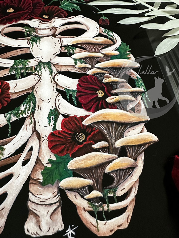 Death and Decay Painting with Ribcage Covered in Moss, Mushrooms and Poppy Flowers