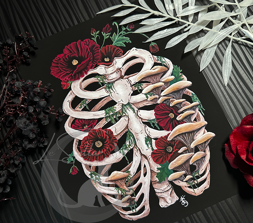 Death and Decay Painting with Ribcage Covered in Moss, Mushrooms and Poppy Flowers