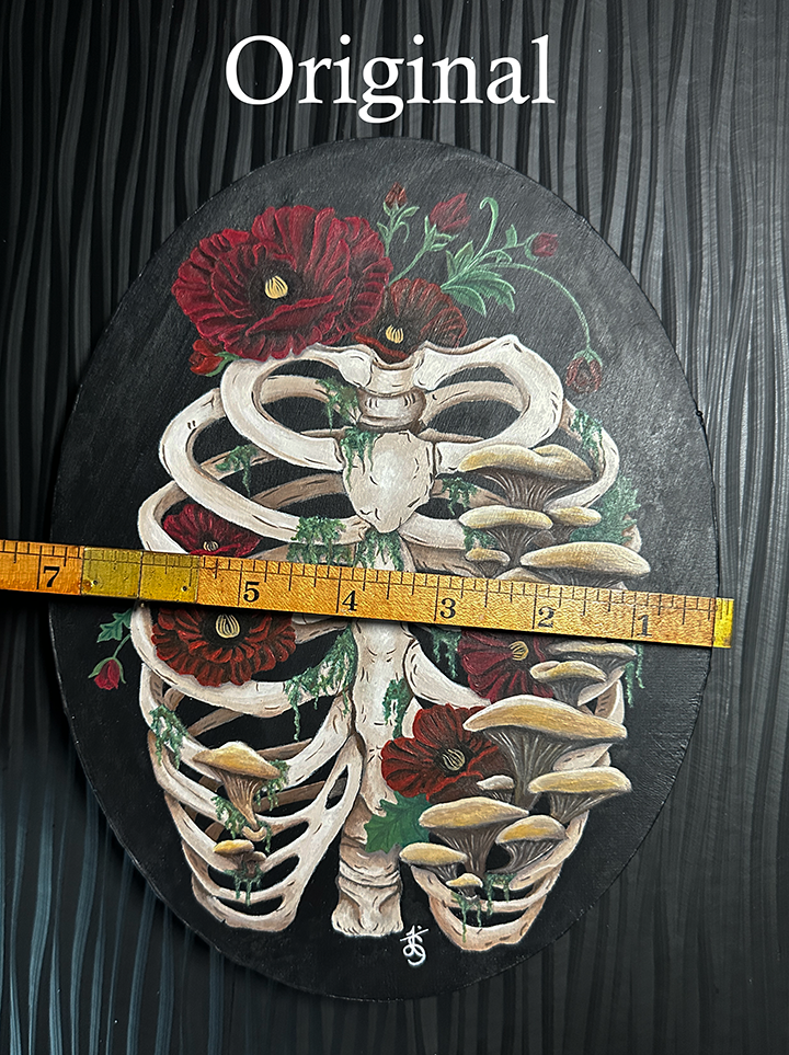 Death and Decay Painting with Ribcage Covered in Moss, Mushrooms and Poppy Flowers