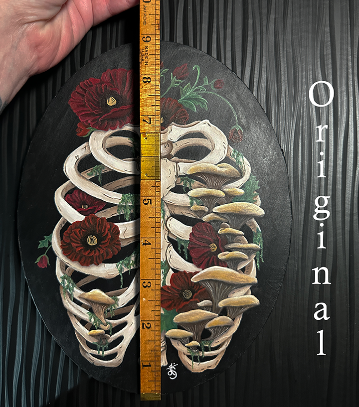 Death and Decay Painting with Ribcage Covered in Moss, Mushrooms and Poppy Flowers