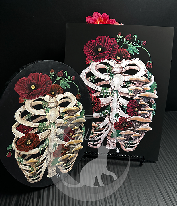 Death and Decay Painting with Ribcage Covered in Moss, Mushrooms and Poppy Flowers
